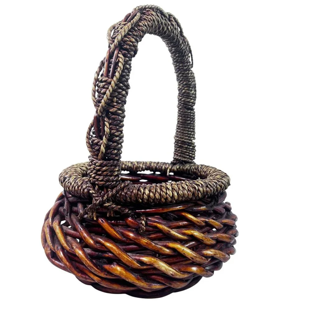 Vintage Round Basket Woven Handcrafted Brown‎ Rattan Wicker Twisted Rope Handle